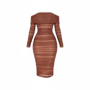 House of CB Brown Ruched Off-Shoulder Sheer Midi Dress